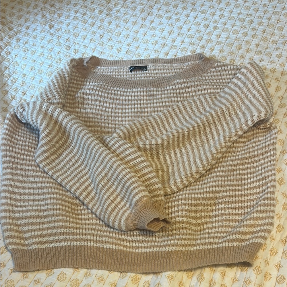 Striped Tan and Cream Off the Shoulder Sweater